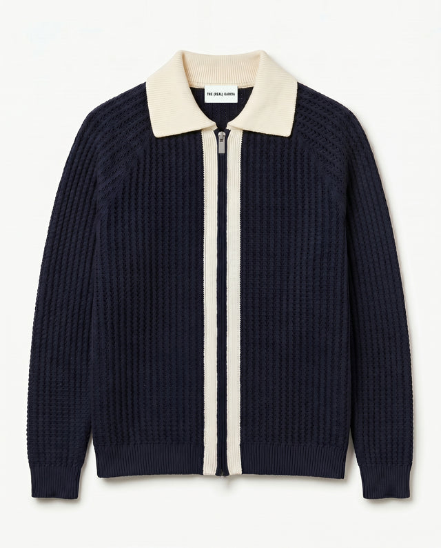 CHAQUETA BOMBER TEJIDA NAVY / CREMA